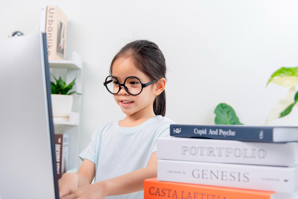 anak-berkacamata-depan-komputer-di-samping-buku